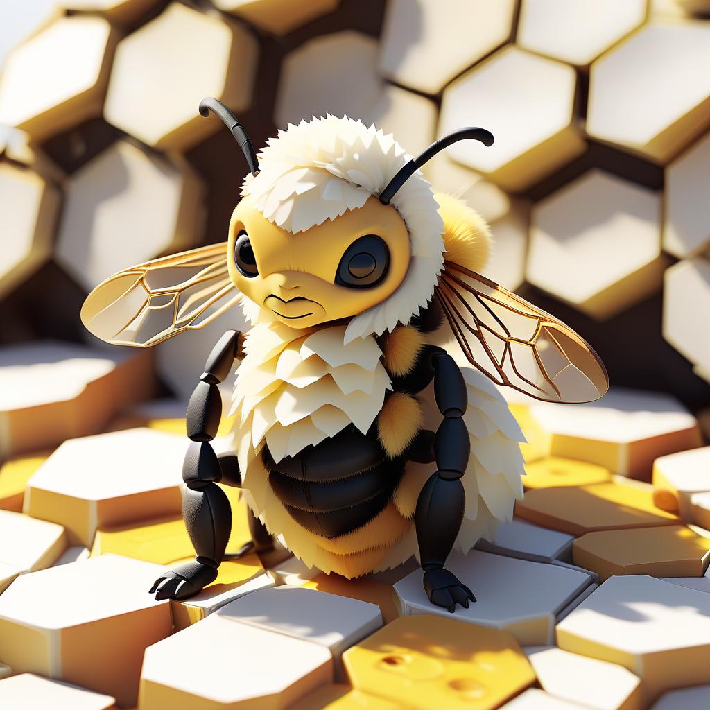  low poly style cute fluffy bee sitting on honeycomb, white background . low poly game art, polygon mesh, jagged, blocky, wireframe edges, centered composition, sticker