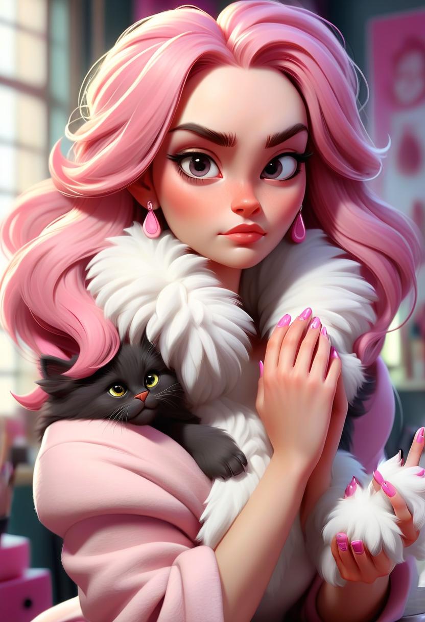  concept art cute young woman with fluffy paws and pinky claws at nail design studio . digital artwork, illustrative, painterly, matte painting, highly detailed, perfect hands, perfecteyes