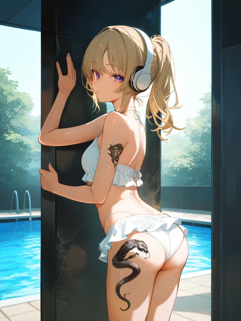  white headphones, white swimwear, poses showing their backs, poses on the wall, snake tattoo on , white frill pare, all body, foot, pool, standing, blonde ponytail, thigh tattoo, tattoo, skull tattoo on arms. , tattoo on the back, headphones on the back, snake tattoo on , tattoos on feet, snake tattoo on , masterpiece, best quality,8k,ultra detailed,high resolution,an extremely delicate and beautiful,hyper detail