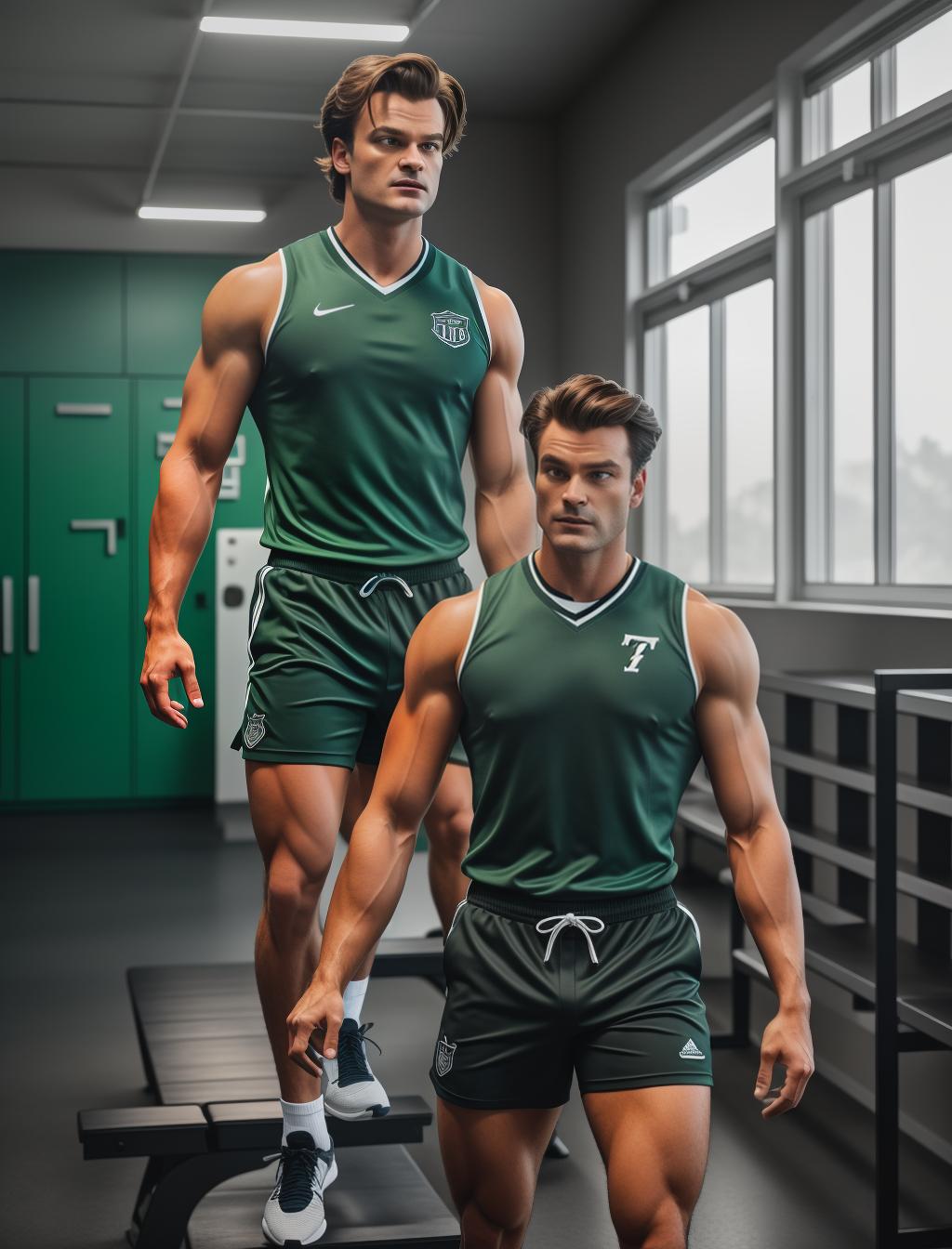  Steve Harrington as a ty high jock wearing a green tank top and 1" grey shorts, a locker room bench with his wide apart hyperrealistic, full body, detailed clothing, highly detailed, cinematic lighting, stunningly beautiful, intricate, sharp focus, f/1. 8, 85mm, (centered image composition), (professionally color graded), ((bright soft diffused light)), volumetric fog, trending on instagram, trending on tumblr, HDR 4K, 8K