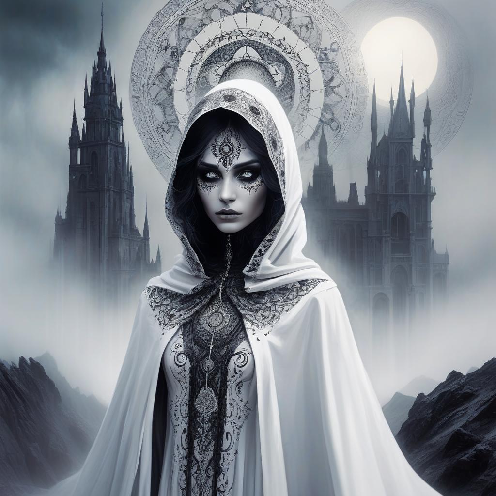  gothic style skinny figure in white cloak. white foggy sky, black sun. black rock in background. stylistics: intricate zentangle patterns in the manner of karol bak, rahaf dk albab, andrew jones. bright colors. high quality and detail. hdr. masterpiece. double exposure. . dark, mysterious, haunting, dramatic, ornate, detailed, hkmagic