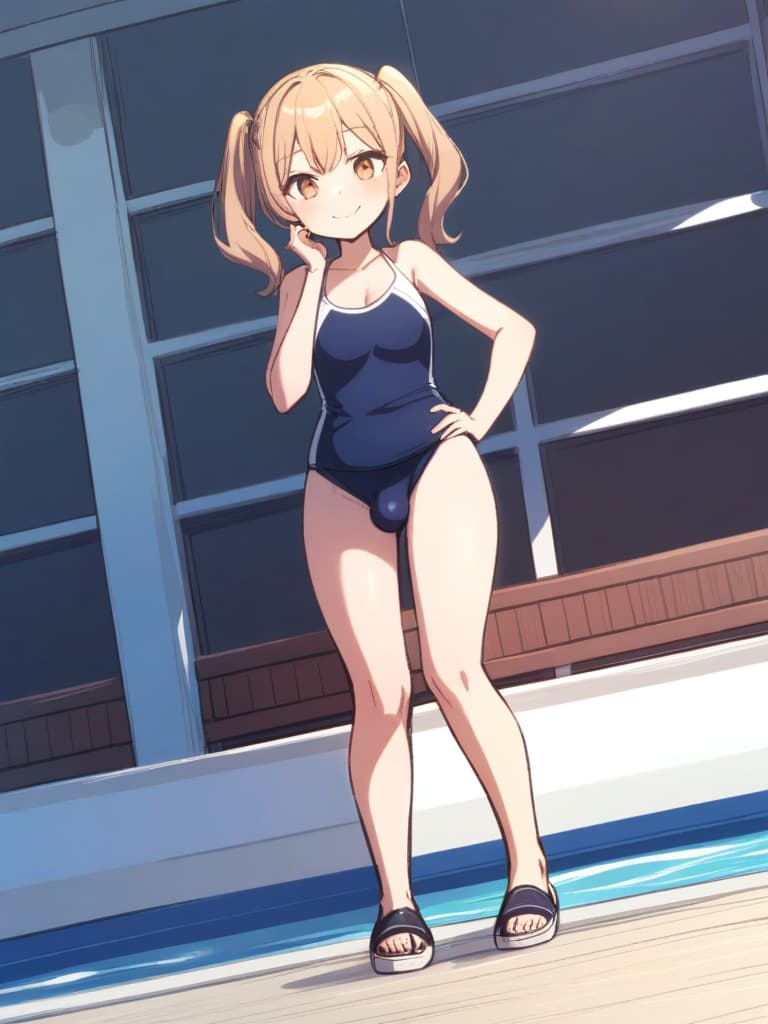  women's elementary students (male), twin tails, cute smiles, (rich s), short stature, dark blue swimwear, old swimwear, swimwear, simple, (bulging), upward, (bulge), front, whole body, pool side, pool side. ,,,