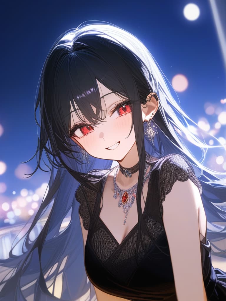  long hair, black hair, hair tips are pink, red eyes, hanging eyes, bangs lengths, smiles, adults, adult faces, piercings, necklaces, black lace clothes, thin makeup, night view, crying smile, masterpiece, best quality,8k,ultra detailed,high resolution,an extremely delicate and beautiful,hyper detail