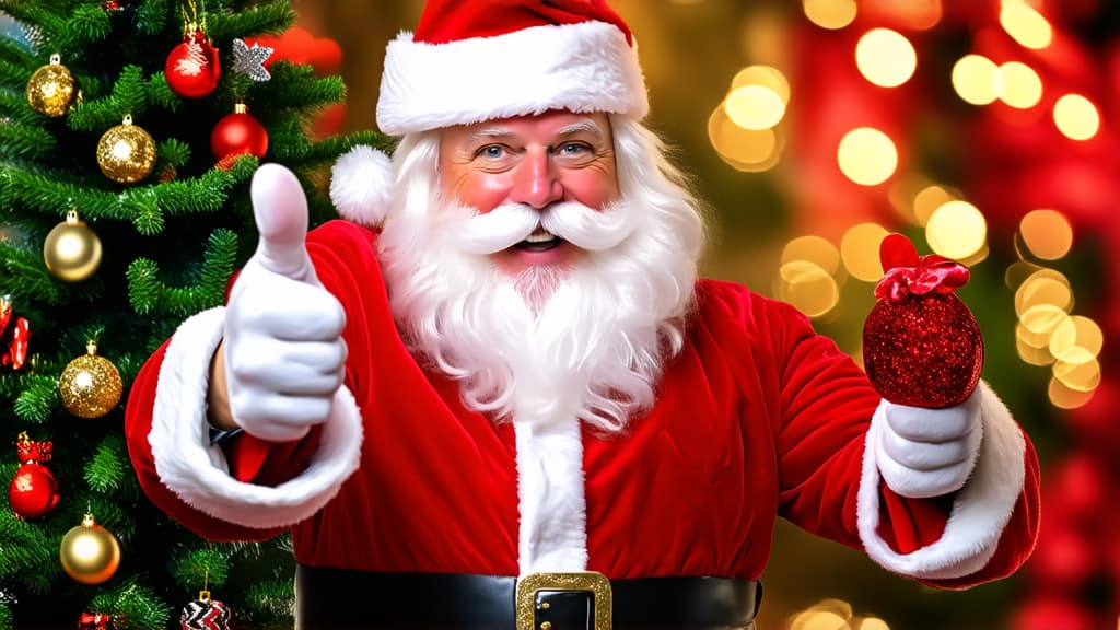  close up santa claus giving thumbs up on christmas background bokeh ar 16:9 {prompt}, maximum details