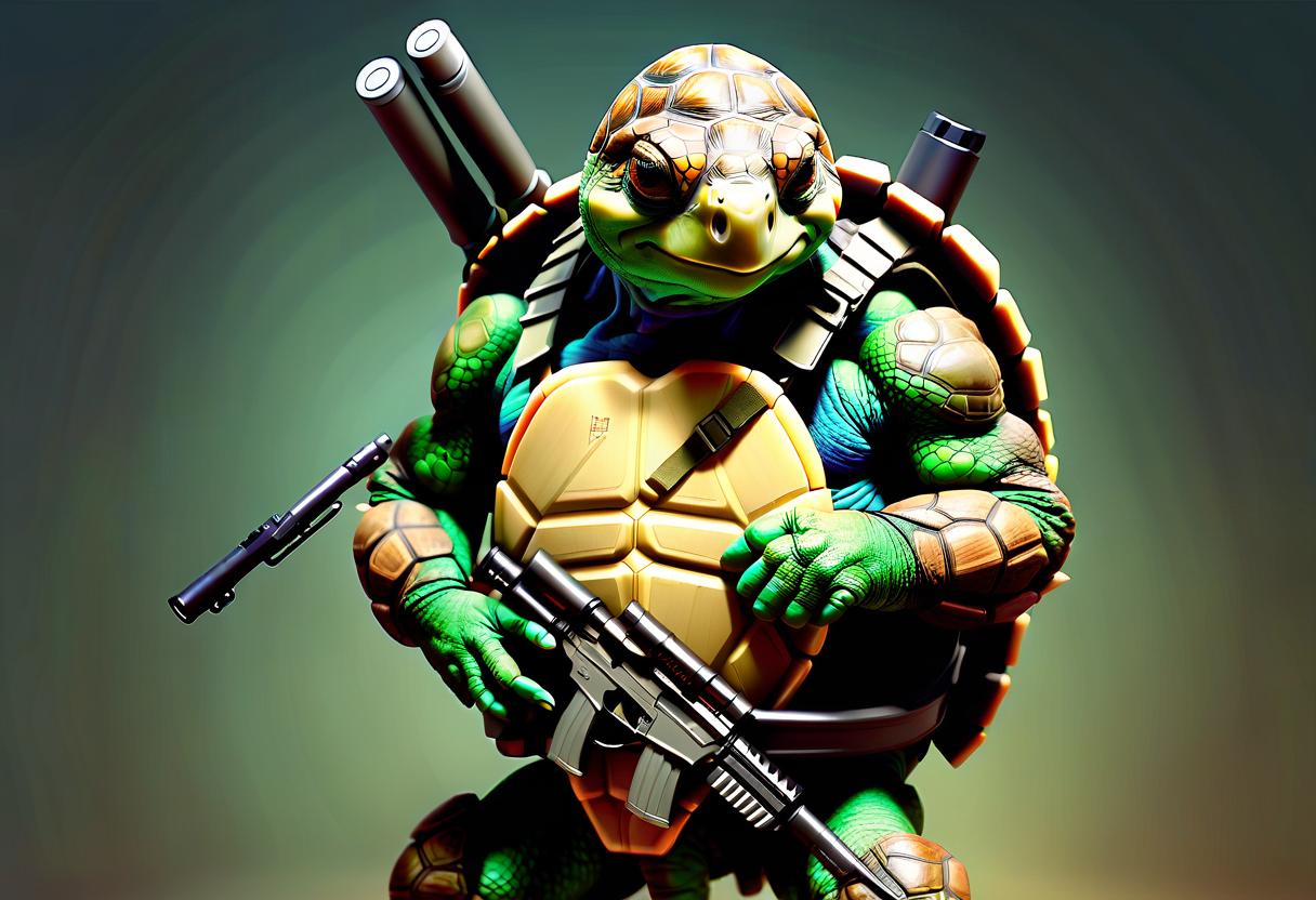  humanoid turtle. a humanoid tortoise wearing a bulletproof vest. a humanoid turtle with a kalashnikov on his back. a humanoid with a stretcher on her back.