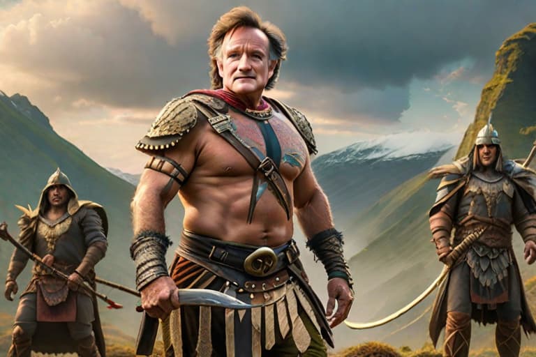  a striking photograph portraying mork (robin williams) transformed into an orc warrior, blending whimsy with fantasy in the style of the imaginative compositions by boris vallejo. monstrous visage, menacing tusks, fierce expression, tribal markings, rugged armor, battle scars, towering stature, primal energy, wilderness backdrop, dramatic lighting, intense gaze, savage demeanor, fantastical realism, dynamic composition, mythical creature, imaginative transformation, epic adventure, immersive storytelling, otherworldly allure. hyperrealistic, full body, detailed clothing, highly detailed, cinematic lighting, stunningly beautiful, intricate, sharp focus, f/1. 8, 85mm, (centered image composition), (professionally color graded), ((bright soft diffused light)), volumetric fog, trending on instagram, trending on tumblr, HDR 4K, 8K