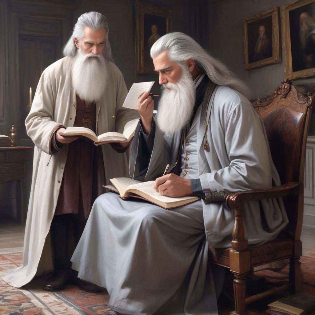  breathtaking a gray haired old man with a long white beard and long wide robes in a rich house teaches a young boy with black tousled hair to read and write. aesthetics of the 18th century, . award winning, professional, highly detailed