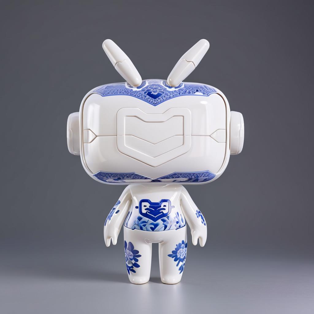  anxiaozhi, "an xiao zhi", cute white robot with mask fully enveloped in a continuous and dense blue and white porcelain floral design, with the elegant and intricate chinese style motif covering every inch of its shell, , standing pose, front view,