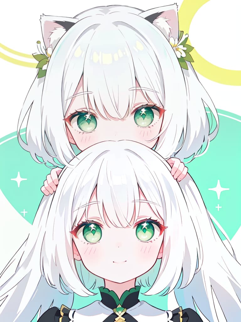  girls, smiles, white hair, round, cat hair, green eyes, bust up, chin piece, masterpiece, best quality,8k,ultra detailed,high resolution,an extremely delicate and beautiful,hyper detail