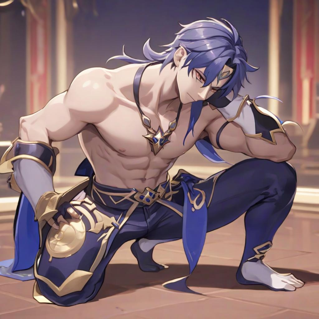  wriothesley (from the game genshin impact), bending over with his pants down