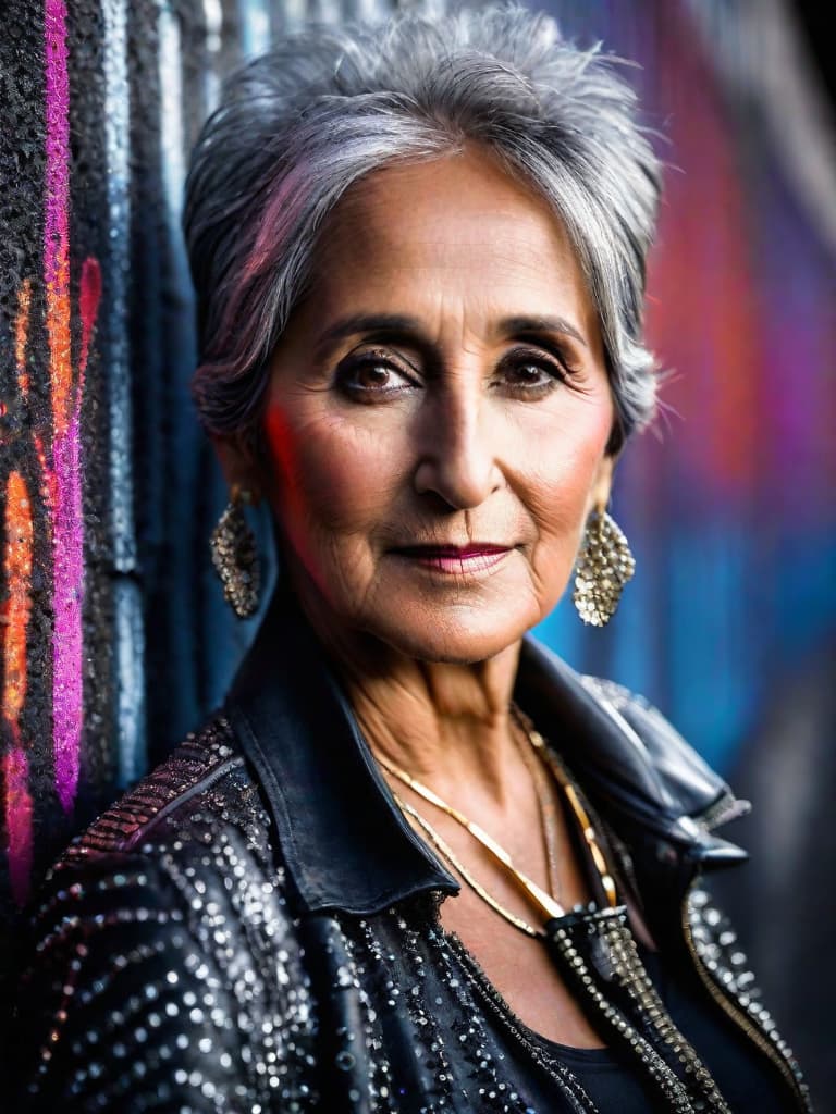  A younger Country singer Joan Baez, medium shot, upper body, spotlight, long exposure lighting, street art style spray paint, glamour lighting