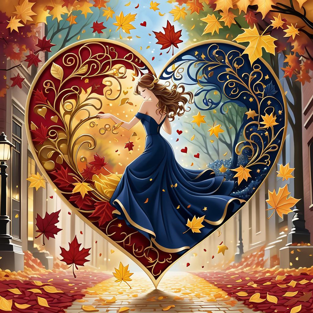  luxury product style on a carpet of yellow leaves in a simple dress of wind given crepe autumn danced a waltz boston in an alleyway. the warm day flew away and the saxophone sang hoarsely. (background of the card): falling autumn leaves, a whirlwind of autumn leaves, wind saxophone, (a box of chocolates, the inscription "autumn waltz") , a greeting card. (heart), a beautiful figure made of contours in the shape of a heart. (heart colour): night sky background, stars, gold pattern. (style):fantasy, autumn art, autumn romance. (colours):gold, green gold, navy blue, red, red gold, brown gold, silver, golden blue, bluish blue, dark blue on gold . elegant, sophisticated, high end, luxurious, professional, highly detailed