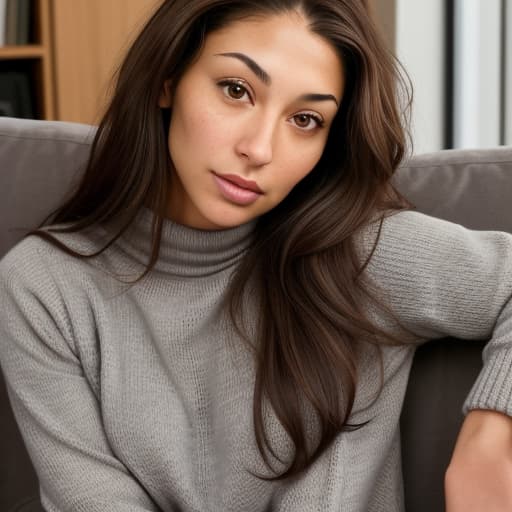  arafed woman in a gray sweater sitting on a couch, grey sweater, woman's face looking off camera, mixed-race woman, beautiful woman face, beautiful female model standing, jen atkin, brown sweater, dark brown eyes with long, wearing casual sweater, attractive brown hair woman, beautiful feminine face, mixed race woman, beauty woman with detailed faces