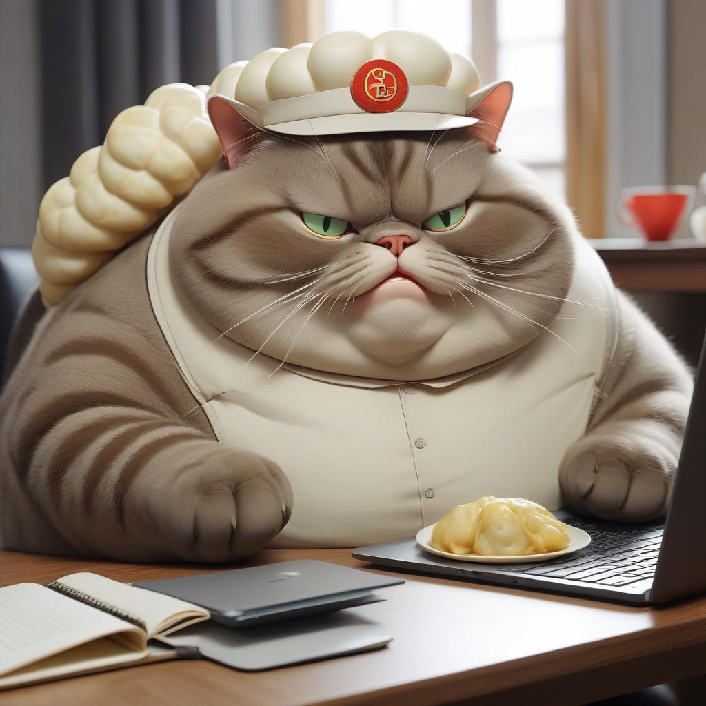  huge fat cat with the name vladik plays a laptop and eats dumplings