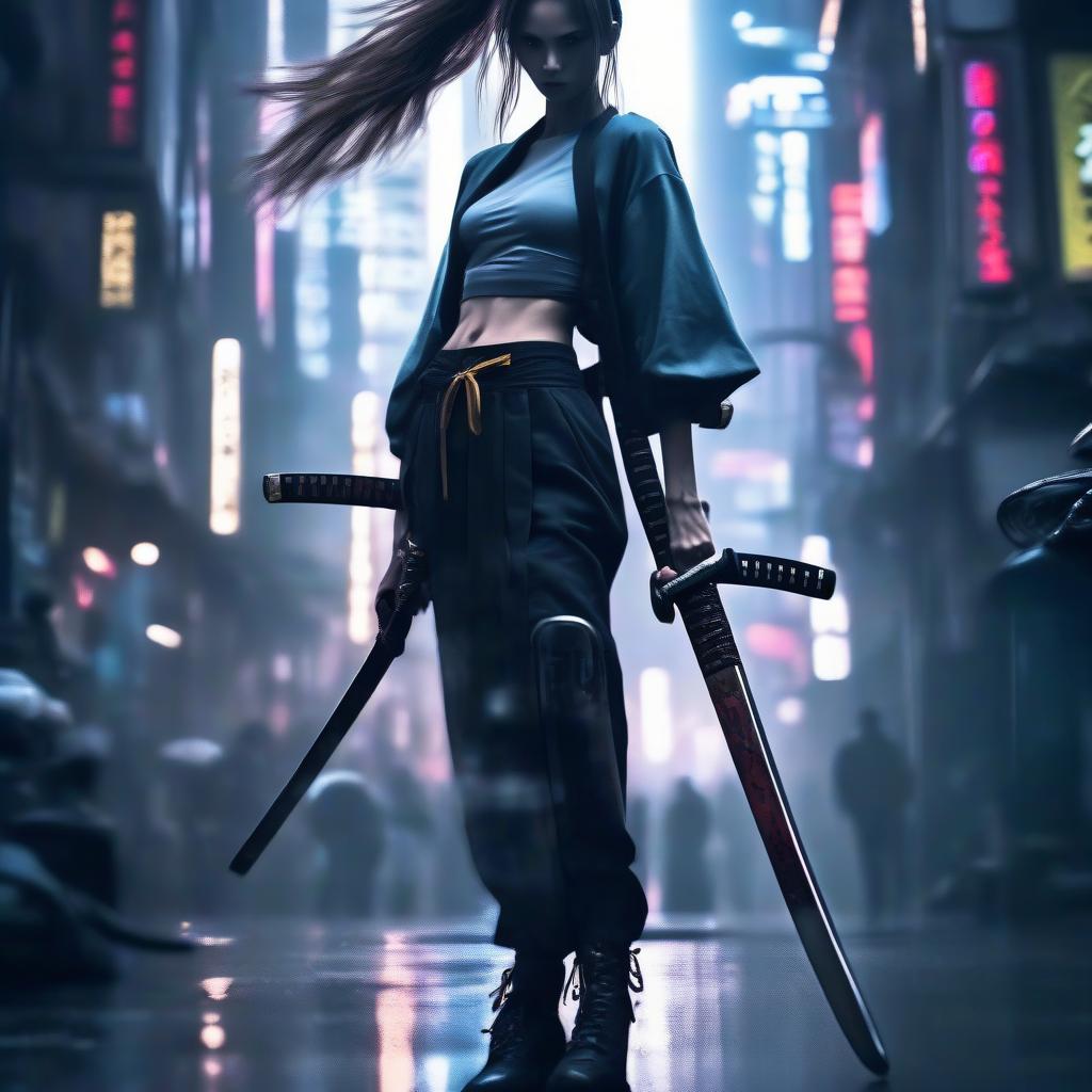  a slender athletic girl with long legs, very high heeled shoes, in her hand a long samurai katana sword, hair tied in a ponytail, in the style of japanese cyberpunk, in bangkok, photo below, in the style of christopher nolan, high quality photography, in an epic pose