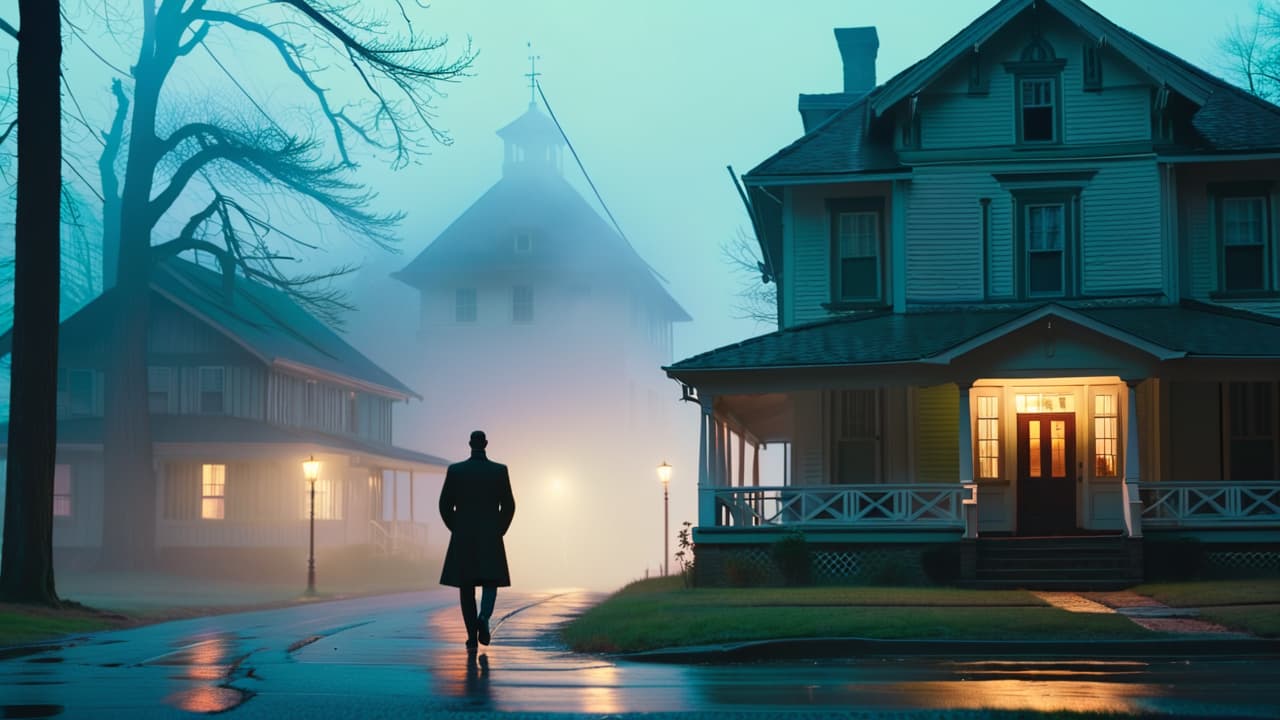  a foggy night in a small town, featuring a shadowy figure lurking under a flickering streetlight, with ghostly whispers echoing from a nearby abandoned house, surrounded by anxious townspeople sharing fearful glances. hyperrealistic, full body, detailed clothing, highly detailed, cinematic lighting, stunningly beautiful, intricate, sharp focus, f/1. 8, 85mm, (centered image composition), (professionally color graded), ((bright soft diffused light)), volumetric fog, trending on instagram, trending on tumblr, HDR 4K, 8K