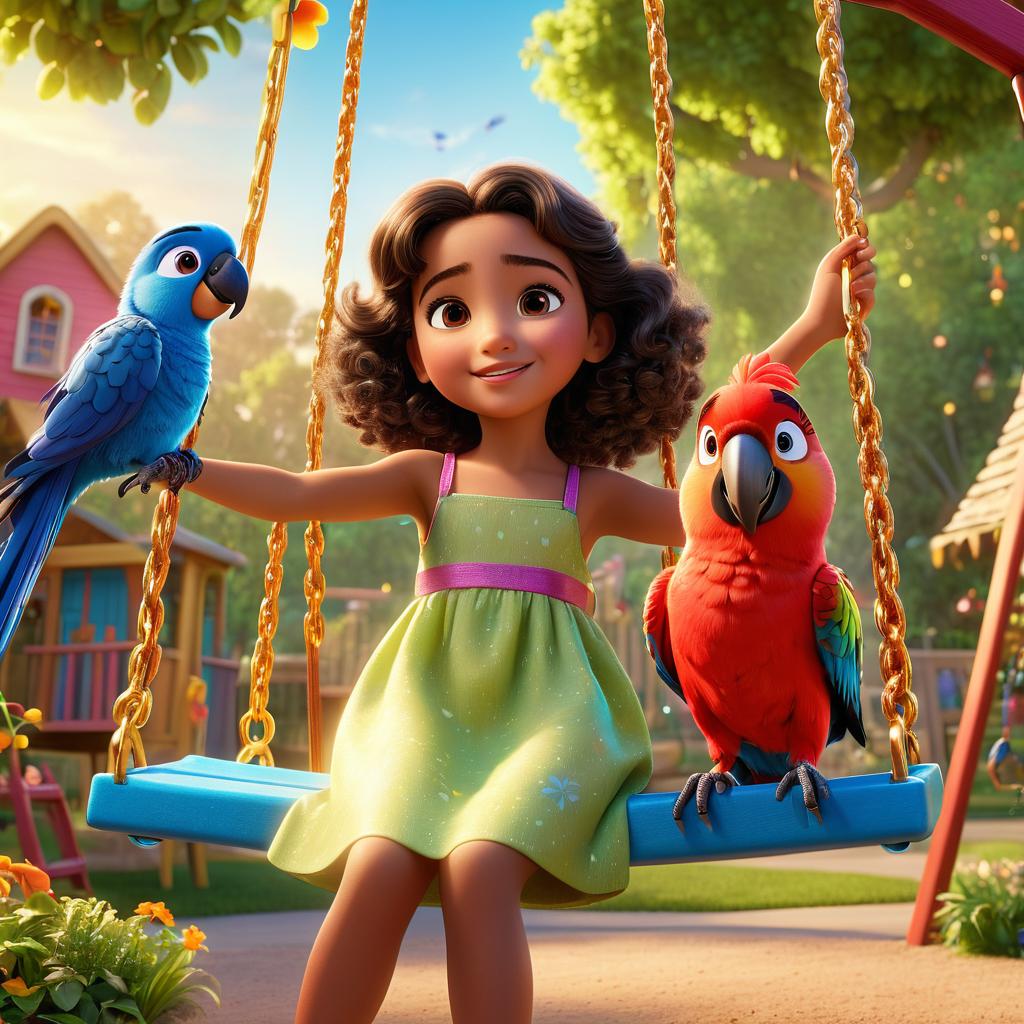  in 3d animated movie style. disney pixar style. masooma, 6, kind hearted girl, colorful dress, sparkly sneakers, discovers parrot on swing set in bright backyard. high res pixar 3d style, vibrant colors, warm light. low angle, masooma fascinated, hand outstretched to bird on swing.