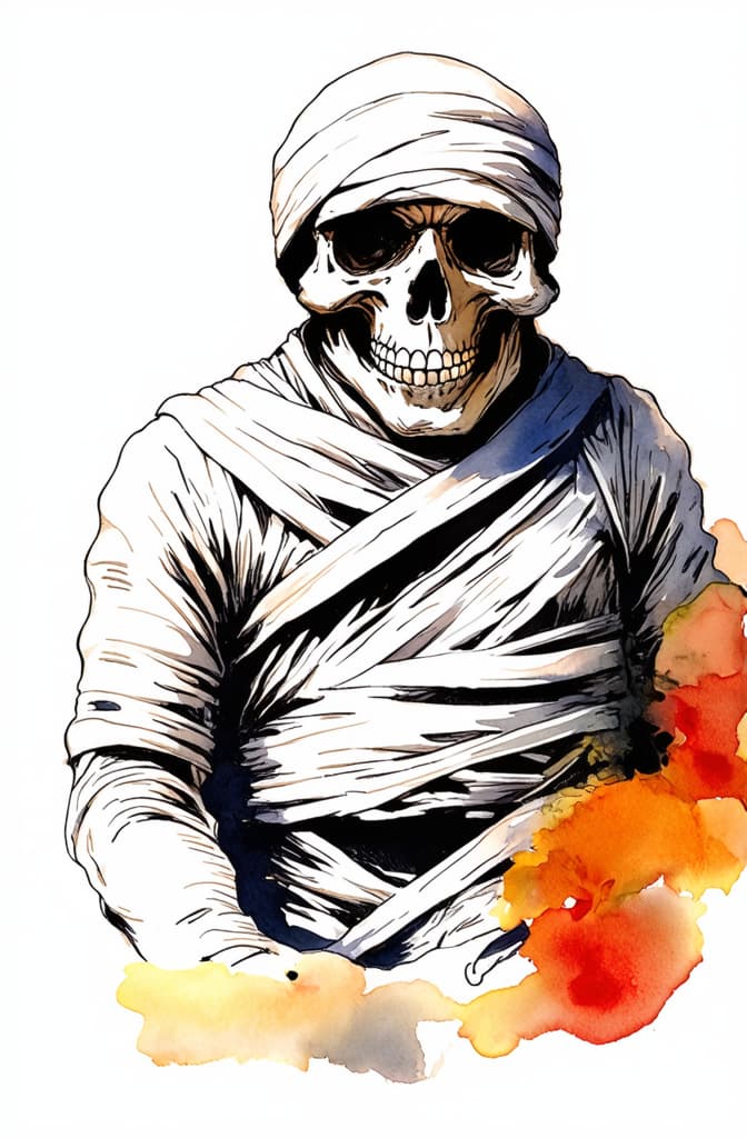  artwork hand drawn watercolor halloween mummy isolated on white background ar 2:3, watercolor techniques, featuring fluid colors, subtle gradients, transparency associated with watercolor art