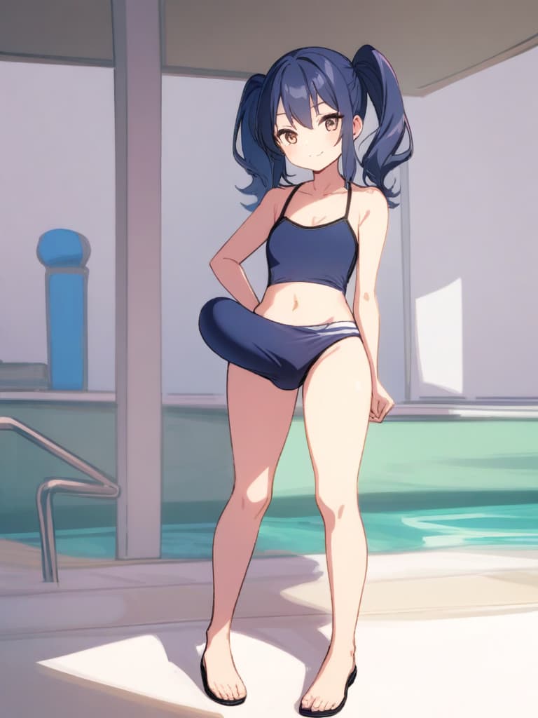  women's elementary students (male), twin tails, cute smiles, (rich s), low stature, dark blue swimwear, old swimwear, swimwear, simple (upward), male , (bulge), front, whole body, pool, pool. side,