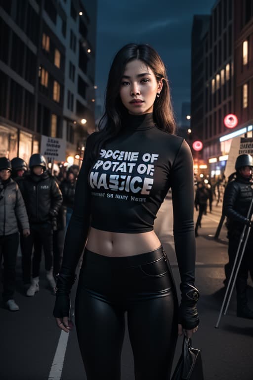  \"an image of a woman standing firmly in the midst of a protest or movement for justice. she exudes determination and confidence, wearing clothing that signifies the fight for human rights, such as a t shirt with protest symbols or messages about justice. there may be flares or lights in the background, adding intensity to the atmosphere of the protest or movement. the image should convey power and commitment to fighting for equal rights and justice for all, advertising photo,high quality, good proportion, masterpiece , the image is captured with an 8k camera