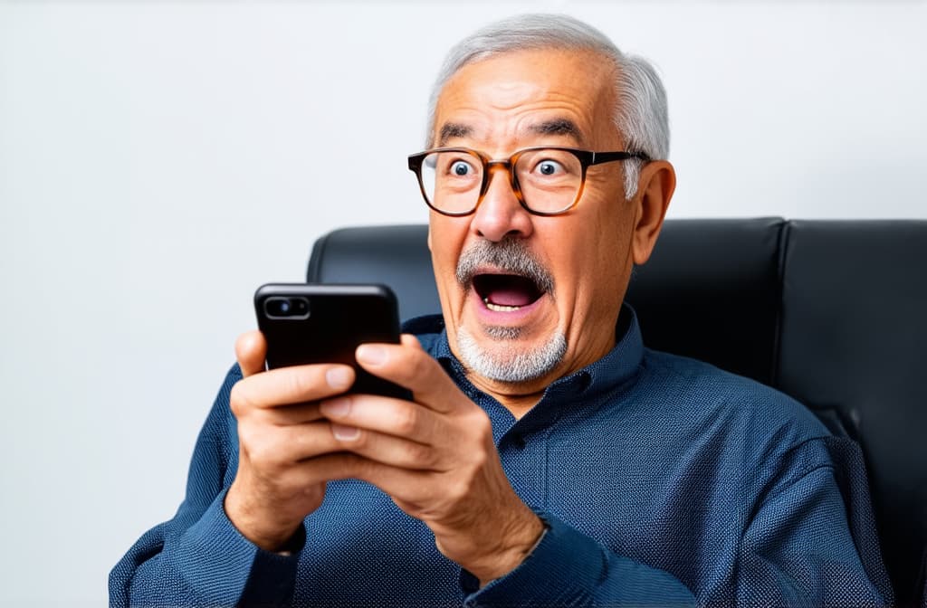  shocked surprised senior asian man using smartphone isolated on white background, funny cartoon illustration ar 3:2 {prompt}, maximum details