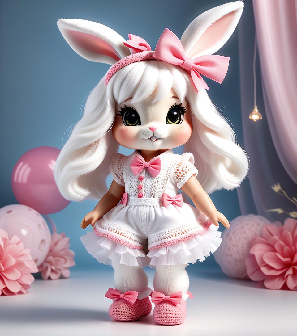  constructivist style a very cute white and pink fluffy bunny, cute cute, with long fluffy floppy ears, with a fashionable elegant crochet headband with a bow, and decorations, standing on two legs, in a crocheted white and pink jumpsuit with ruffles, tulle ruffles, with draperies, with ruffled tulle, with a bow, a peplum, very detailed, dressed in beautiful crocheted shoes with a bow, flying fireflies and neon hearts, glare of light, radiance, fabulously beautiful, tenderness, love, aesthetics, best quality: 1.3, for maximum detail and clarity, professional photo, fotorealism, high resolution, high detail , iso 3200, f/2.8, 16k, uhd, 1/8000sec, 30mm lens, bright light . geometric shapes, bold colors, dynamic composition, propaganda art styl hyperrealistic, full body, detailed clothing, highly detailed, cinematic lighting, stunningly beautiful, intricate, sharp focus, f/1. 8, 85mm, (centered image composition), (professionally color graded), ((bright soft diffused light)), volumetric fog, trending on instagram, trending on tumblr, HDR 4K, 8K