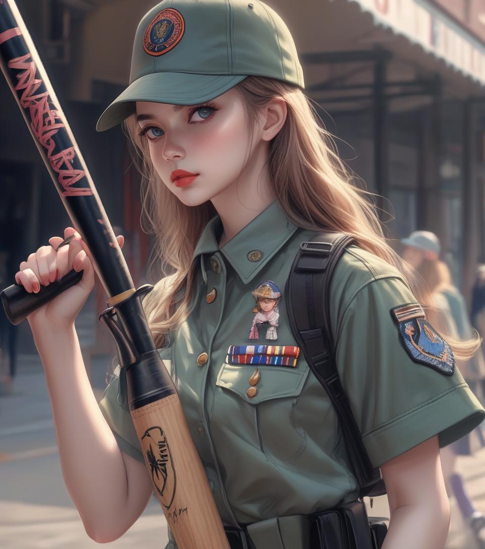  hyperrealistic girl, stalker, military uniform, baseball bat in hand,digital technology rendering, chic elegance, detailed, ultra hd, realistic, bright colors, very detailed, uhd drawing, pen and ink, perfect composition, beautiful detail, 8k, photorealistic