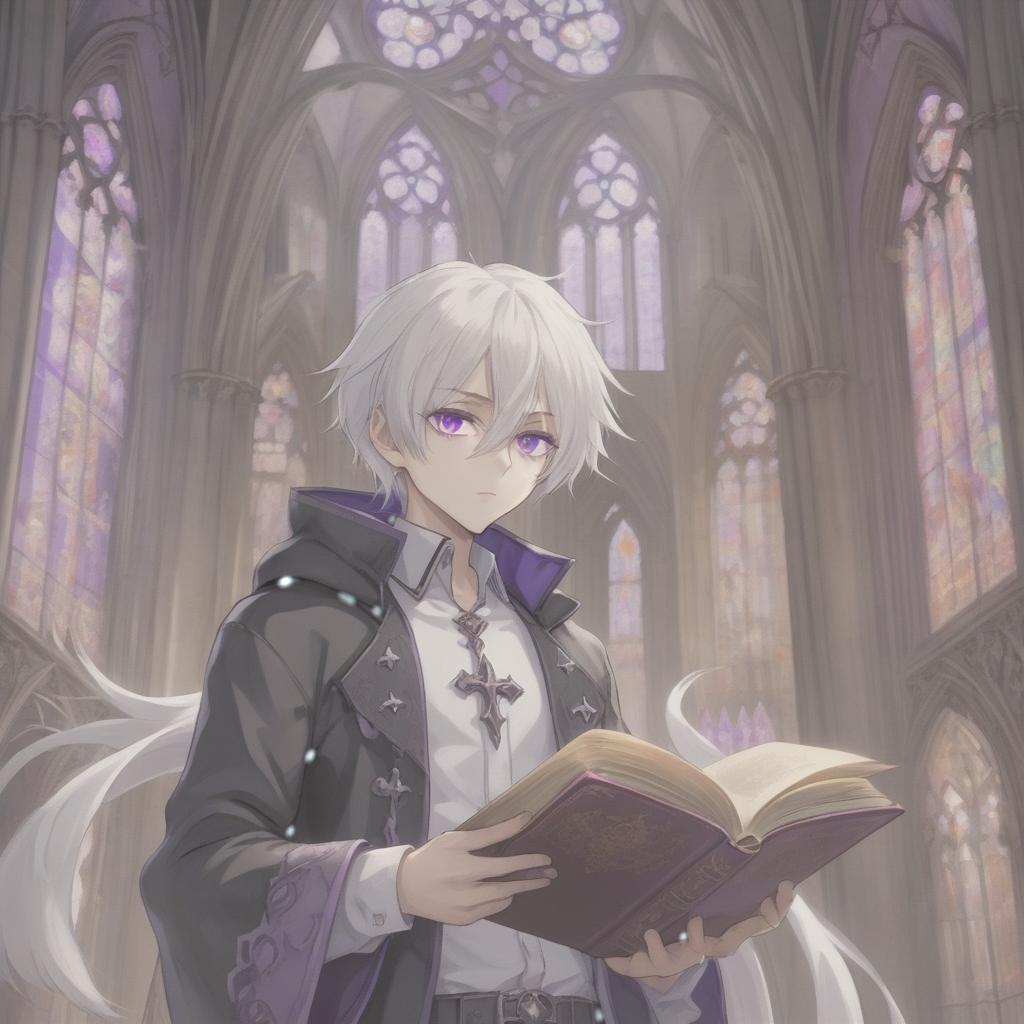  anime artwork young guy at the gothic cathedral, holding a book, with white hair and purple eyes . anime style, key visual, vibrant, studio anime, highly detailed