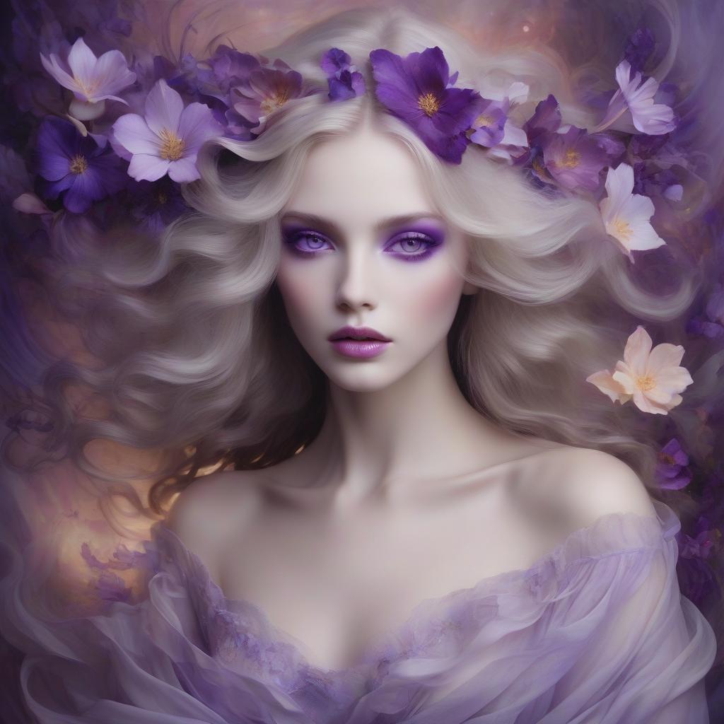  a mystical female portrait exuding ethereal charm: porcelain skin, almond shaped violet eyes, and dark wavy hair adorned with vivid purple florals. soft, neutral lips framed by a dreamy mist, set against a warm, glowing backdrop, creating a fantasy atmosphere of elegance and beauty. create an ethereal female portrait with a mystical aura. the subject has porcelain skin, large almond shaped violet eyes, and full lips with a soft, neutral tone. her face is framed by a mass of dark, wavy hair transitioning into vivid purple floral embellishments, including a prominent, large five petaled flower on the right side of the composition. flowers of various sizes are intertwined with her tresses, coupled with delicate swirls of mist and abstract, wi