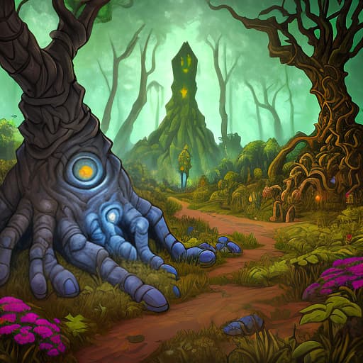  the hand of the golem and the head of the golem, which looks out from the ground, overgrown with plants, a magical forest, arcane style, borderlands style, telltale games style, oil painting, simple colors, low detail, vivid colors, defined lines, defined edges, digital art, cartoon look, cartoon style, sharp shadows, dark