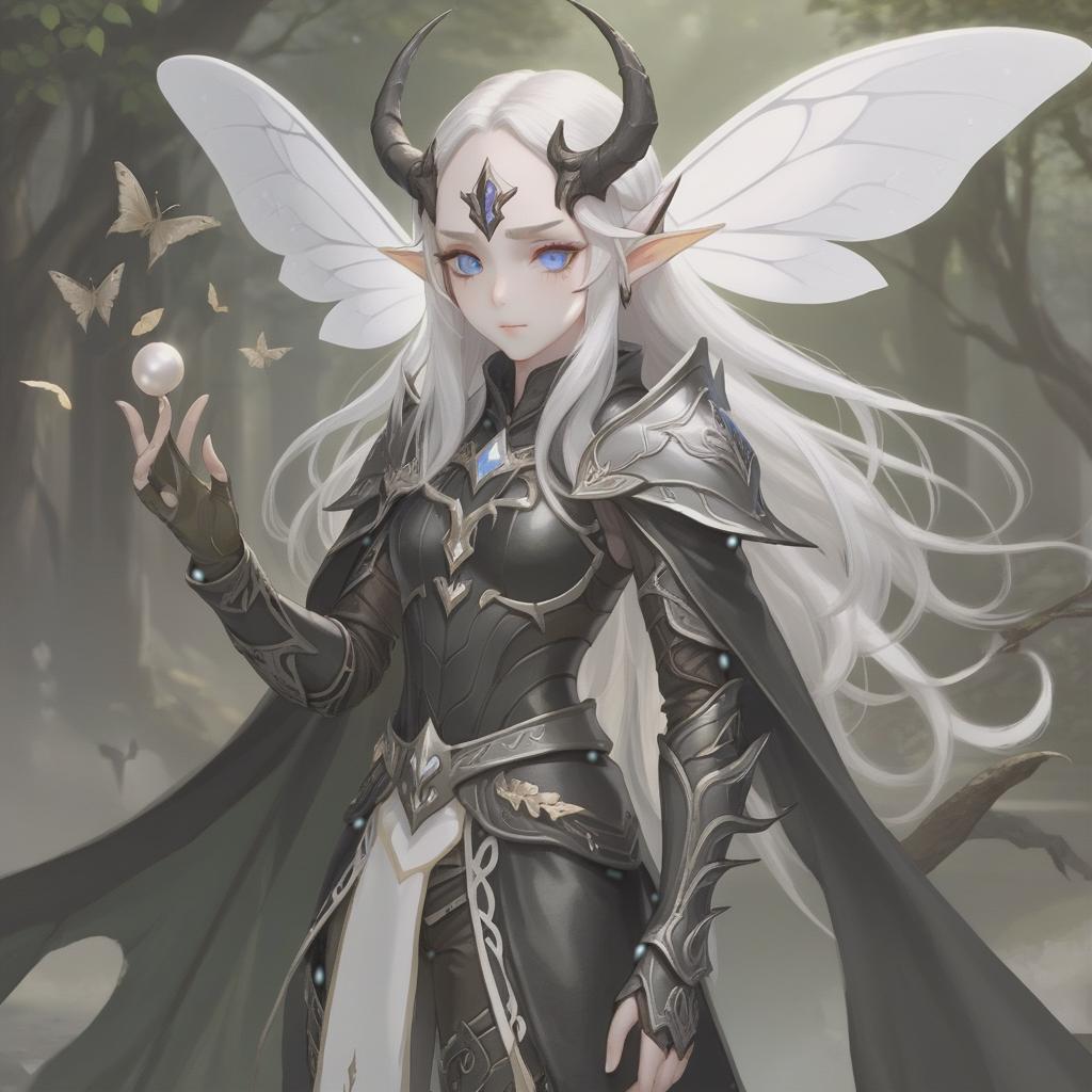  dnd, young , small black horns on the head, white skin, white hair, long hair in the tail, pointed elven ears, white wings of a moth, black leather armor, pearl on the , hkmagic