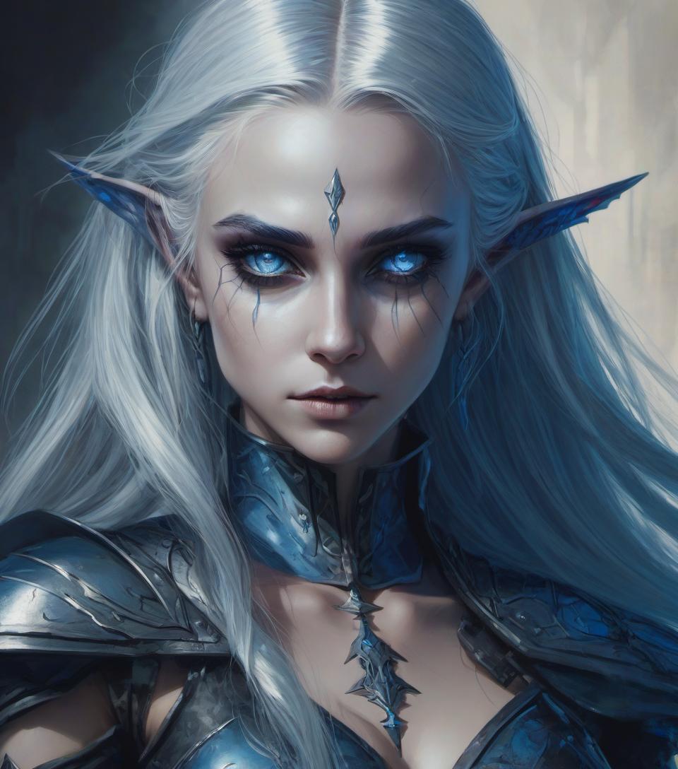  concept art (semi figure portrait),a dark elf girl with <small neat elf ears: 7.9>, long platinum colored hair, preference for cold steel <curved daggers in each hand>, eye color slate blue with a glow effect, predatory gaze, . digital artwork, illustrative, painterly, matte painting, highly detailed