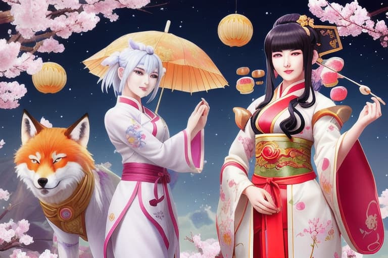  On the moon cake festival, kagura the character in mobile legends have white longs hair , holding the pin umbrellas under the Sakura tree ,walks alongside by the wolf buy the moon cake from the fox’s owner of the shop, the sky full moon,have the word happy moon festival