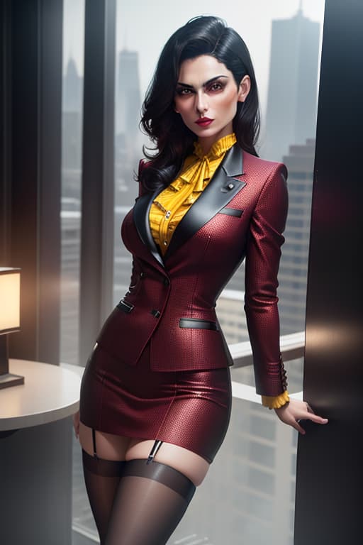  Morena Baccarin, carmin red lips, dark make up, working suit, yellow tartan suit, short , split , stockings, medium s, very deep age, arkchair, Manhattan rooftop, face view, hyperrealistic, full body, detailed clothing, highly detailed, cinematic lighting, stunningly beautiful, intricate, sharp focus, f/1. 8, 85mm, (centered image composition), (professionally color graded), ((bright soft diffused light)), volumetric fog, trending on instagram, trending on tumblr, HDR 4K, 8K