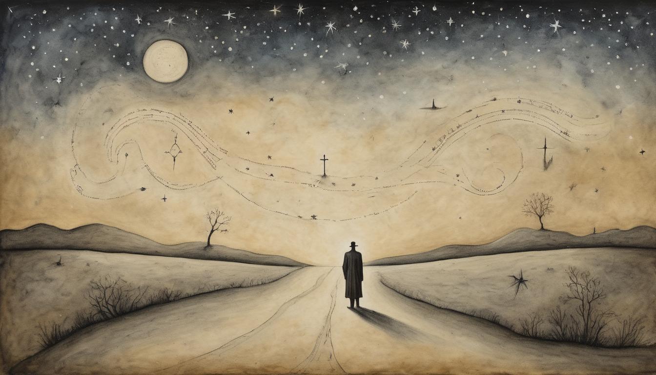  on parchment, surrealism++, a lone figure standing at a crossroads, paths leading in different directions, night sky above filled with stars, sense of decision, contemplative, serene(mysterious, provocative, symbolic)++