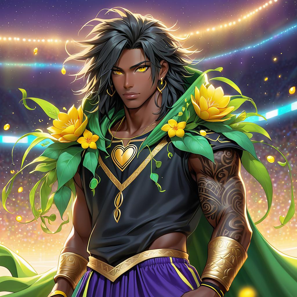  anime art very beautiful, male, dark black skin man, bright yellow eyes, hooded eyes, long hair, green dreads, plump lips, sharp angled eyebrows, roman nose, pointed ears, piercings, heart shaped face, green vine tattoos, flowers in hair, lean figure, long legs, fireflies, pollen, black and gold basket ball jersey, basketball court., award winning, professional, highly detailed, masterpiece