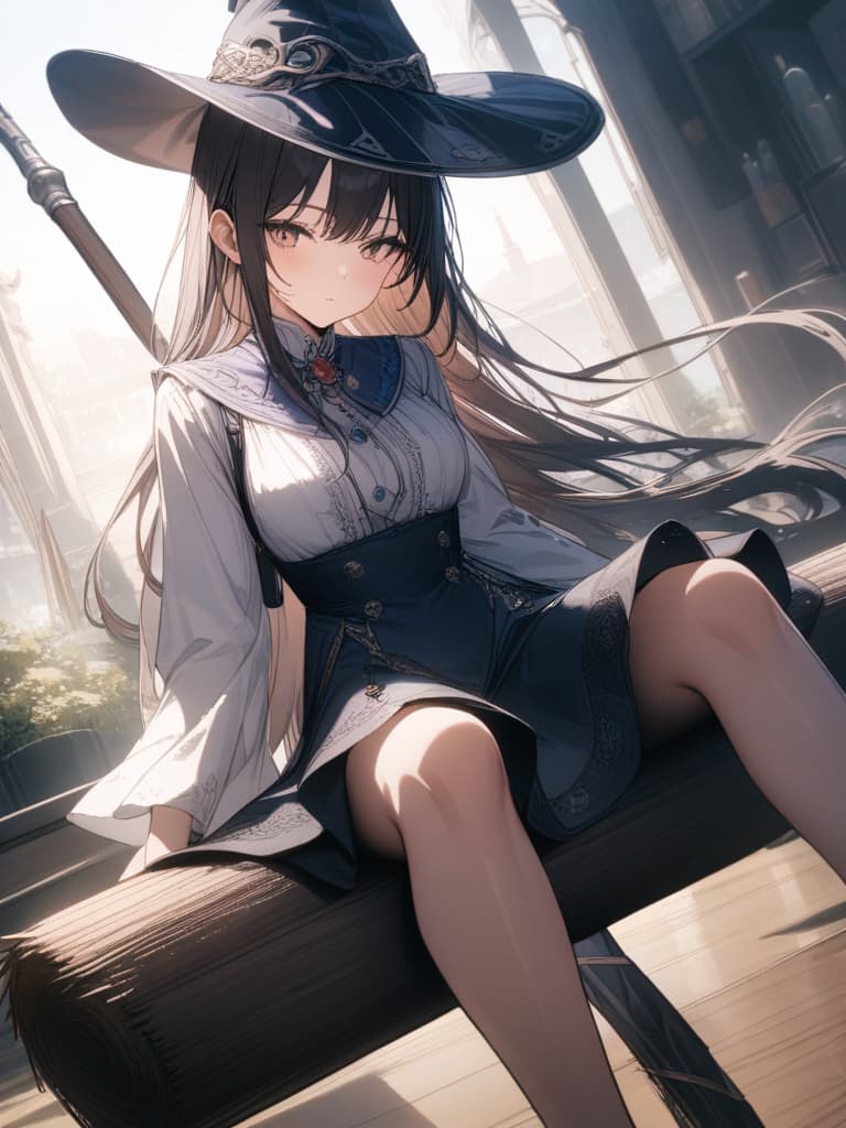  witch, girl, hat, hair fluttering, flying in the sky, sitting on a broom, riding on a broom, holding down the hat by hand, masterpiece, best quality,8k,ultra detailed,high resolution,an extremely delicate and beautiful,hyper detail