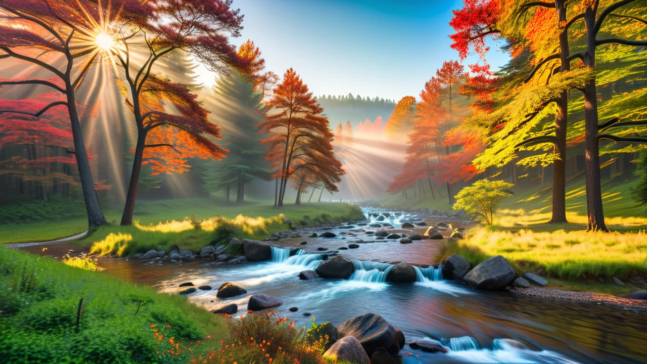  a serene landscape featuring five distinct paths, each representing a stage of smart goal setting, surrounded by vibrant trees and flowing streams, with a clear sky above symbolizing clarity and focus. hyperrealistic, full body, detailed clothing, highly detailed, cinematic lighting, stunningly beautiful, intricate, sharp focus, f/1. 8, 85mm, (centered image composition), (professionally color graded), ((bright soft diffused light)), volumetric fog, trending on instagram, trending on tumblr, HDR 4K, 8K