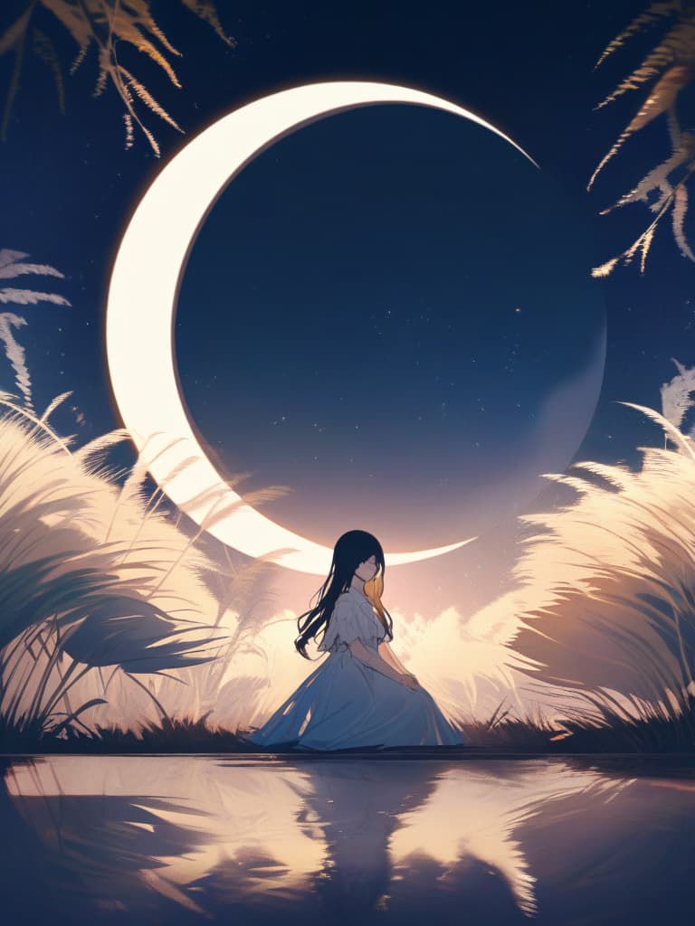  the sun is about the moon (art inspired by bill schenquevich). oil painting), ... (monday), one moon, (full moon), a round moon, (shadow reflected in the moon) , ((one rabbit)), ... one woman, long hair, black hair, far away, (whole body), (whole body), (distant), pampas grass, (pampas grass), pampas grass, sitting , back, white dress, simple dress, ((white rabbit)), shadow reflected, shadow, fantastic, fantasy, wonderful, beautiful (night))