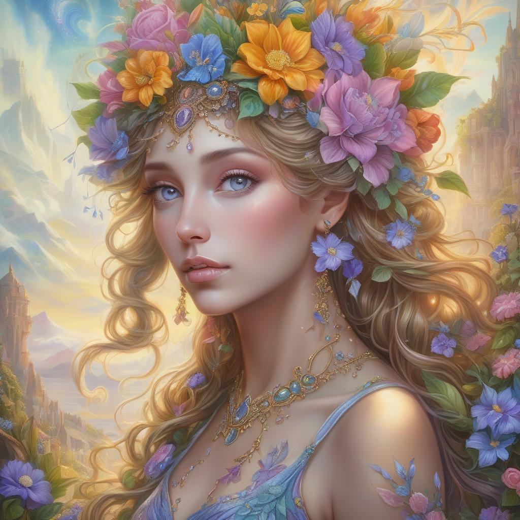  a painting of a woman with flowers in her hair, beautiful fantasy art portrait, beautiful fantasy portrait, beautiful fantasy painting, colorfull digital fantasy art, beautiful detailed fantasy, very beautiful fantasy art, beautiful fantasy art, inspired by josephine wall, romanticism art style, intricate fantasy painting, highly detailed fantasy art, anime art nouveau cosmic display,