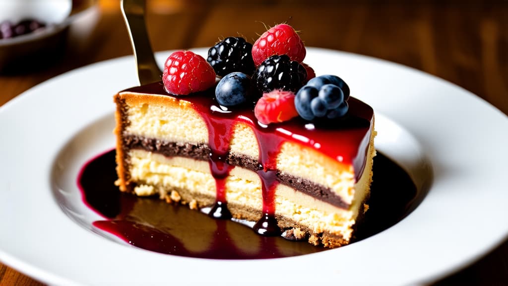  close up of a piece of cake on a plate, unsplash, baroque, restaurant serving, red and black and dark blue and beige, high detail, berries dripping juice, layers on layers on layers, insane detail, covered with chocolate, berries, professional photography ar 16:9 {prompt}, maximum details