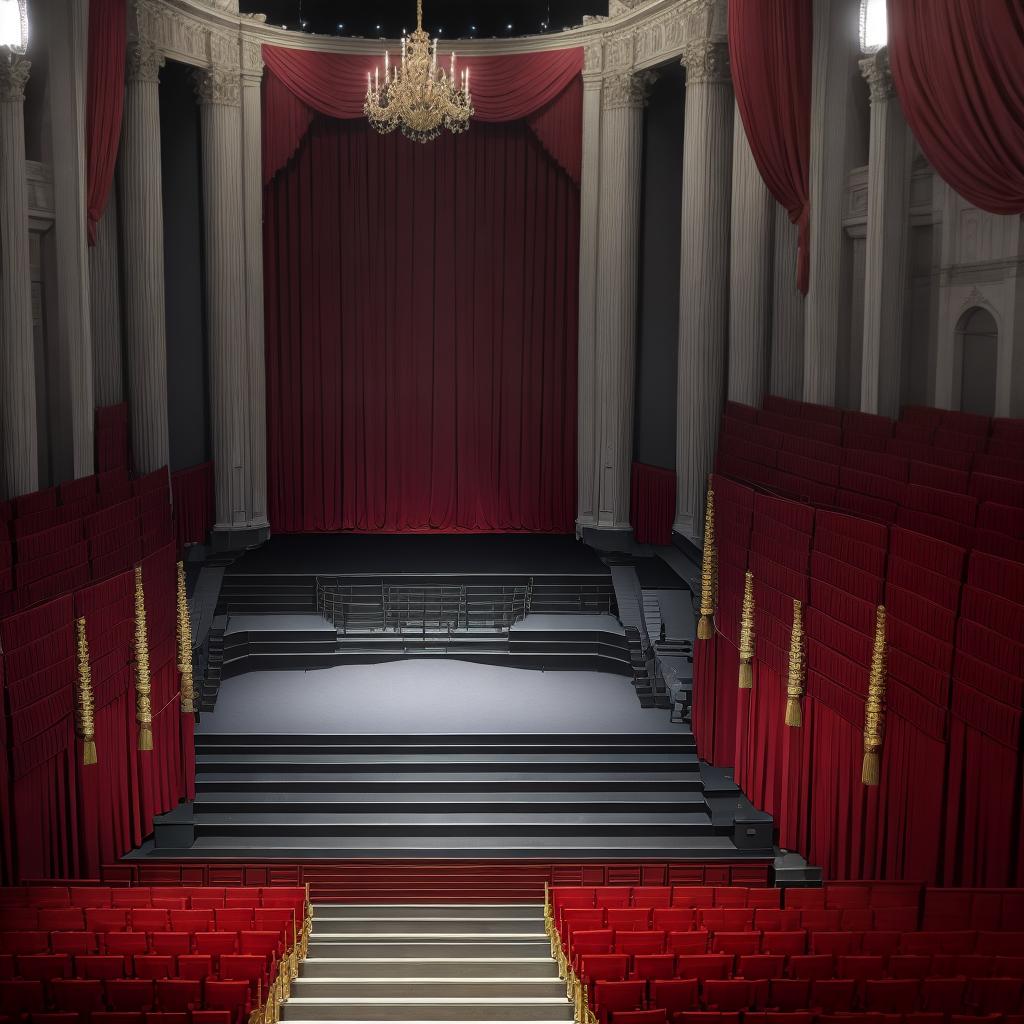  masterpiece, best quality, An empty stage with red curtains way off to either side