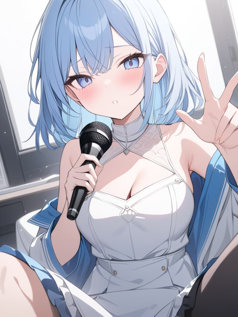  light blue hair, light blue, bob hair, have a microphone, live, let's do it, masterpiece, best quality,8k,ultra detailed,high resolution,an extremely delicate and beautiful,hyper detail