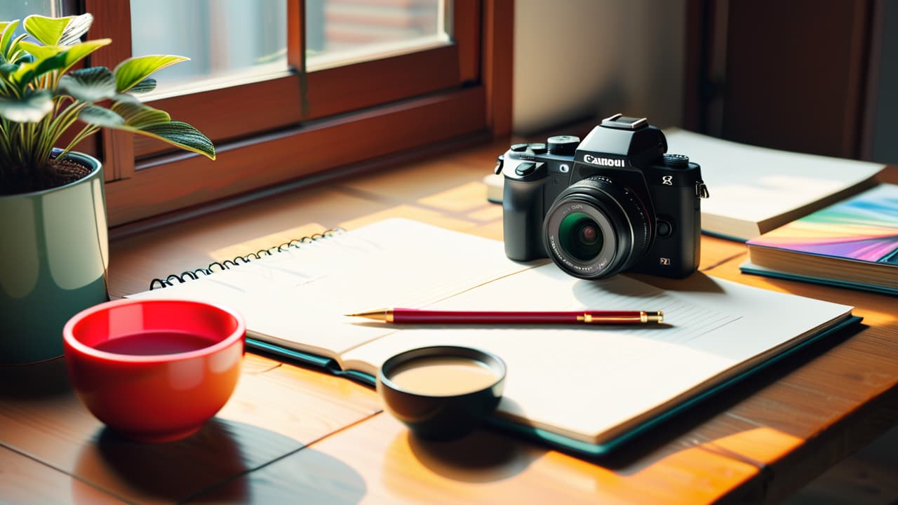  a cozy workspace featuring a camera on a wooden table, a notepad with sketches of photography ideas, soft natural light streaming through a window, and a small potted plant adding a touch of greenery. hyperrealistic, full body, detailed clothing, highly detailed, cinematic lighting, stunningly beautiful, intricate, sharp focus, f/1. 8, 85mm, (centered image composition), (professionally color graded), ((bright soft diffused light)), volumetric fog, trending on instagram, trending on tumblr, HDR 4K, 8K