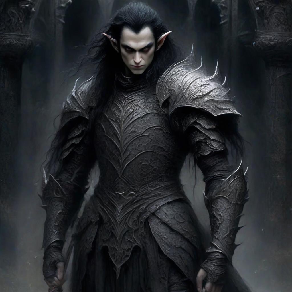  macabre style white skinned elf with black hair. in white leather openwork armor, in white shoulder pads, in white elbow pads, with a long sword in his hands, standing in a dark hall. . dark, gothic, grim, haunting, highly detailed, perfecteyes, perfect hands