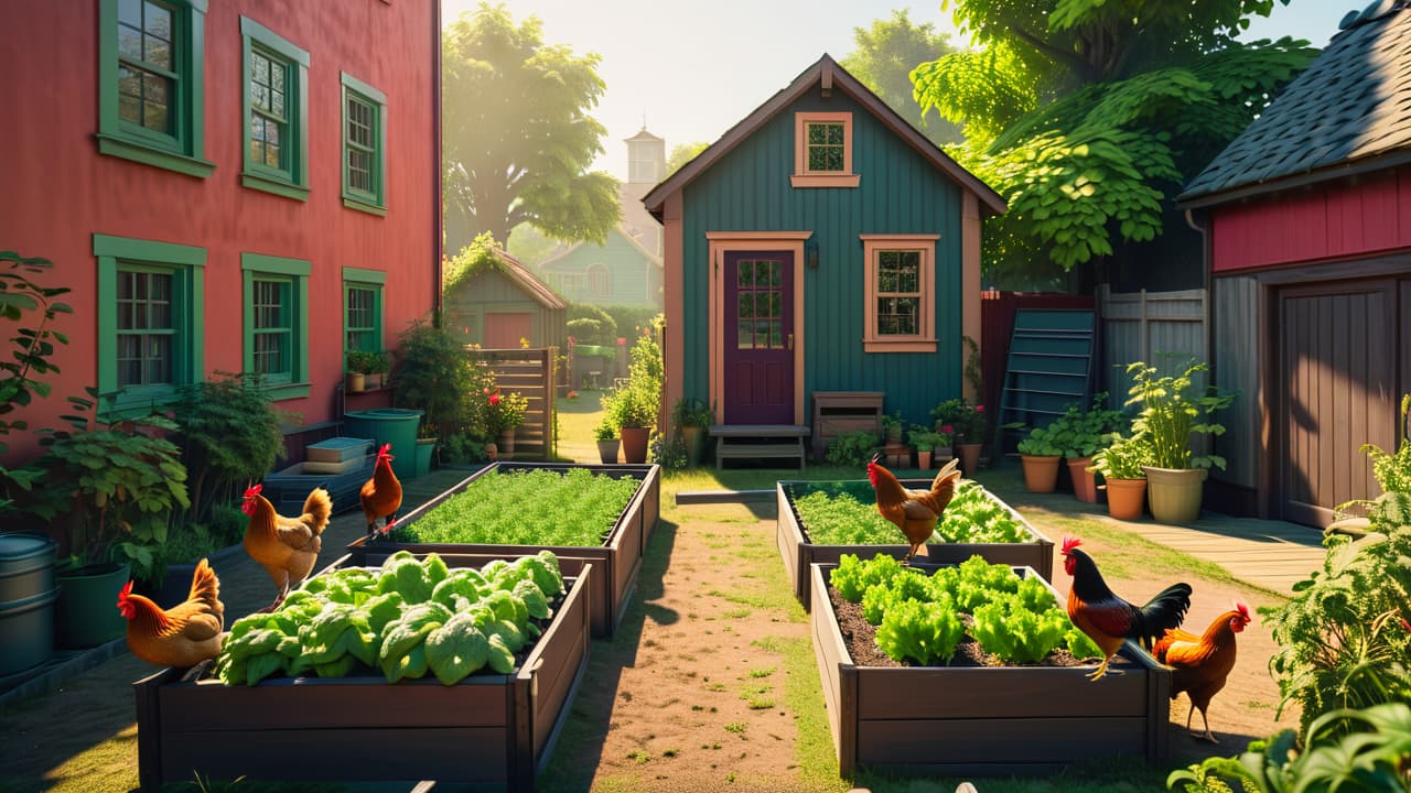  a vibrant urban homestead scene featuring a small plot with raised vegetable beds, chickens pecking in a sunny corner, a compost bin, and a cozy shed surrounded by city buildings and greenery. hyperrealistic, full body, detailed clothing, highly detailed, cinematic lighting, stunningly beautiful, intricate, sharp focus, f/1. 8, 85mm, (centered image composition), (professionally color graded), ((bright soft diffused light)), volumetric fog, trending on instagram, trending on tumblr, HDR 4K, 8K