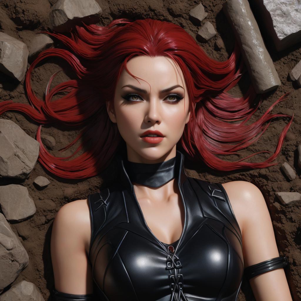  rayne, from the video game bloodrayne, dead, laying on her back in a shallow grave, her face scared, her eyes white, her mouth open photo realistic, highly intricate and detailed, masterpiece, ultra high res,photography,8k resolution