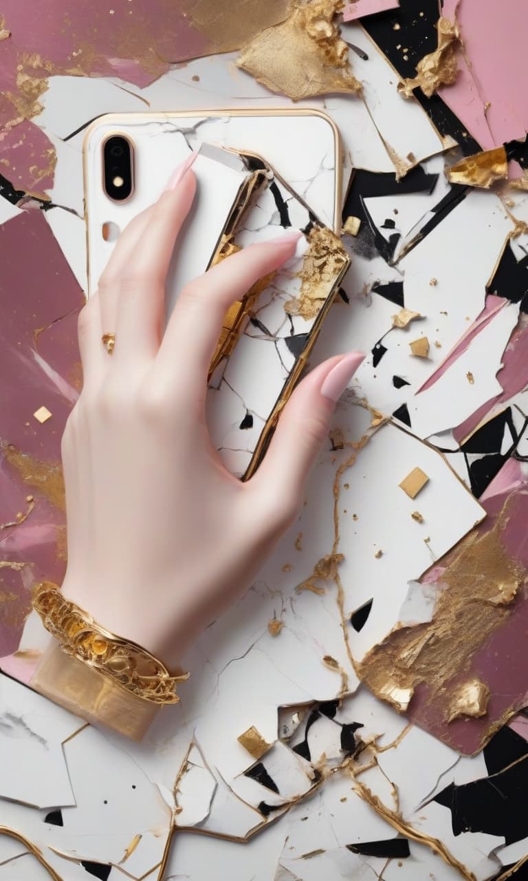  concept art black, white, gold, pink broken phone on a black and gold background . digital artwork, illustrative, painterly, matte painting, highly detailed, perfect hands