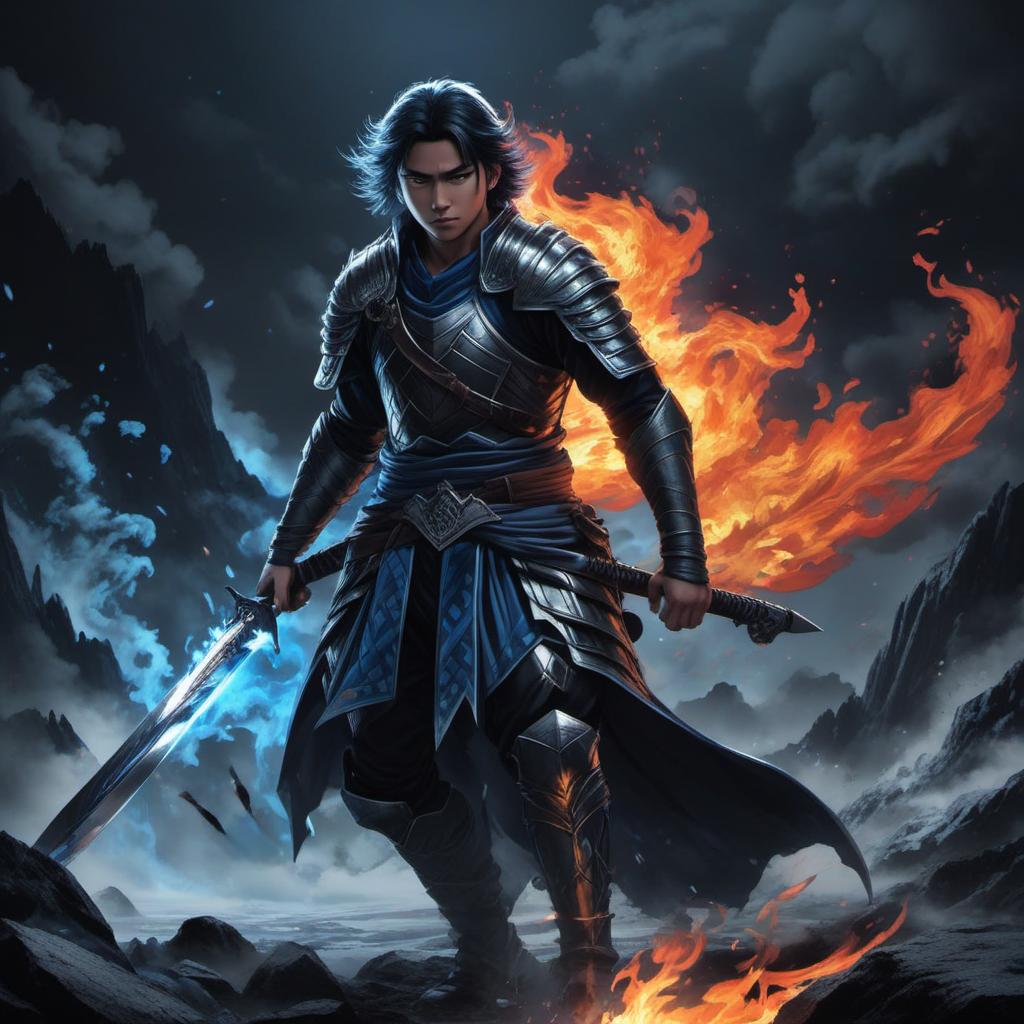  cold black pfp of a warrior in the dark holding a blade that’s on fire whit blue fire , anime style, manga style, manhwa style