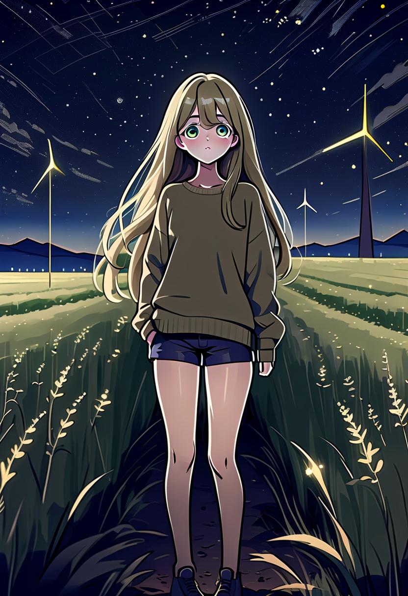  architectural style a girl in anime style with long hair stands in the middle of the field at night wearing a khaki sweater and pants. the girl looks at the starry sky at night, her eyes of a specific color are full of joy from the unknown and curiosity. her face is a little happy. the mouth is closed. she pulls her hand up towards the night sky. her knee high growth . clean lines, geometric shapes, minimalist, modern, architectural drawing, highly detailed